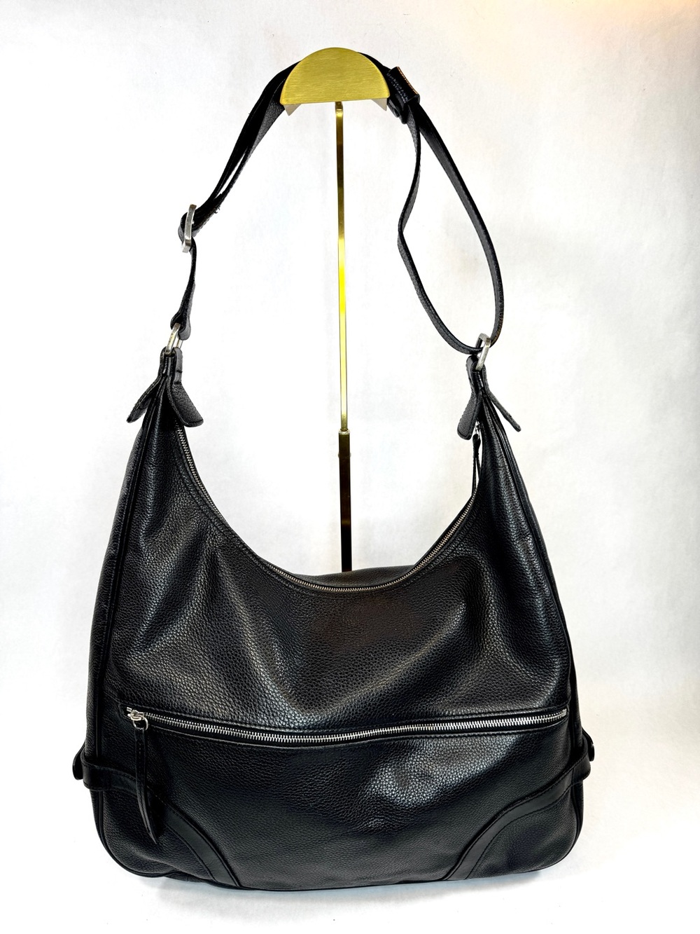 Longchamp Black Pebbled Leather Hobo Shoulder Bag Silver Hardware Large